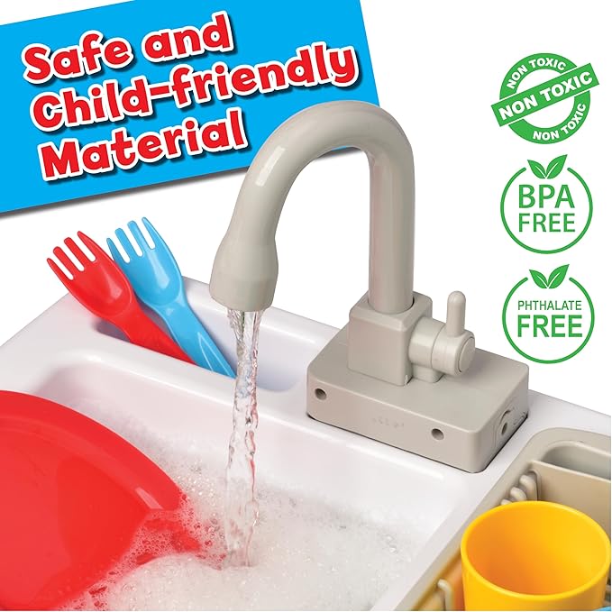 Small World Toys Play Sink with Running Water, Kids Play Kitchen Sink Toys for Kids Age 3+, Automatic Faucets with Realistic Dishes, Toddler Sink Pretend Play Set Gifts for Girls and Boys