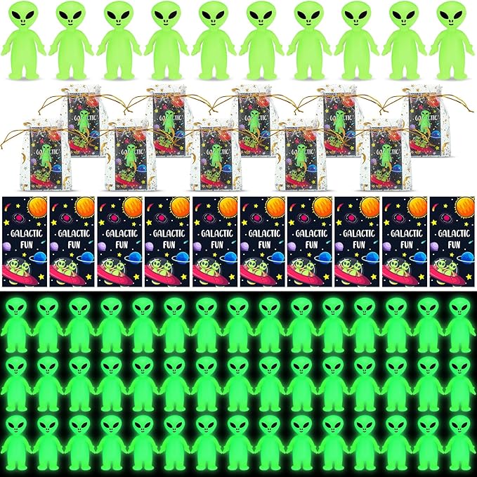 40 Pcs Glow in the Dark Mini Alien Figures Set with Card and Gift Bag for Space Birthday Party Favors Halloween Little Small Tiny Alien Figurines Statue for Hide and Seek(Green)