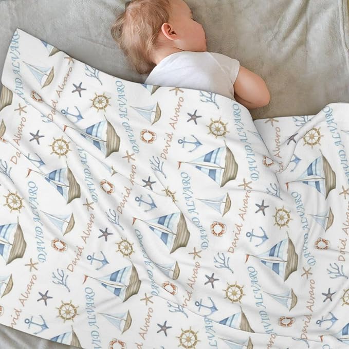Ship Next Day, Personalized Baby Blanket for Boys Girls - Printed in USA, Custom Name Toddler Blanket with Sailboat Pattern, Perfect Newborn Gift