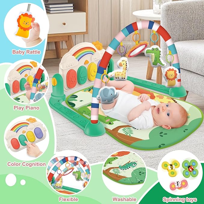 Baby Gym & Play Mat, Tummy Time & Activity Mat Toys, Infant to Toddler Play Piano Mat, 0-12 Months (Green)