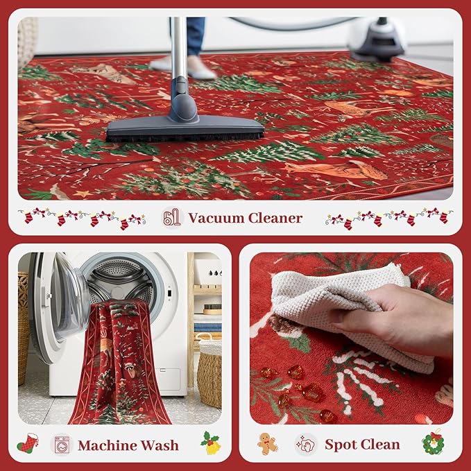 OJIA Christmas Area Rug 8x10 Red Animal Living Room Carpet Bedroom Throw Rug, Holiday Washable Rugs Non-Slip Soft Low Pile Kids Nursery Rug Large Carpet for Playroom Dining Room Home Decor