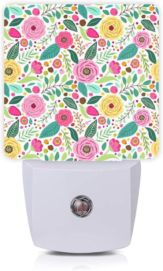 Retro Flowers Night Light,Spring Retro Rustic Flowers Night Lights Plug into Wall with Dusk to Dawn Light Sensors 0.5W Dim Night-Lights for Bedroom