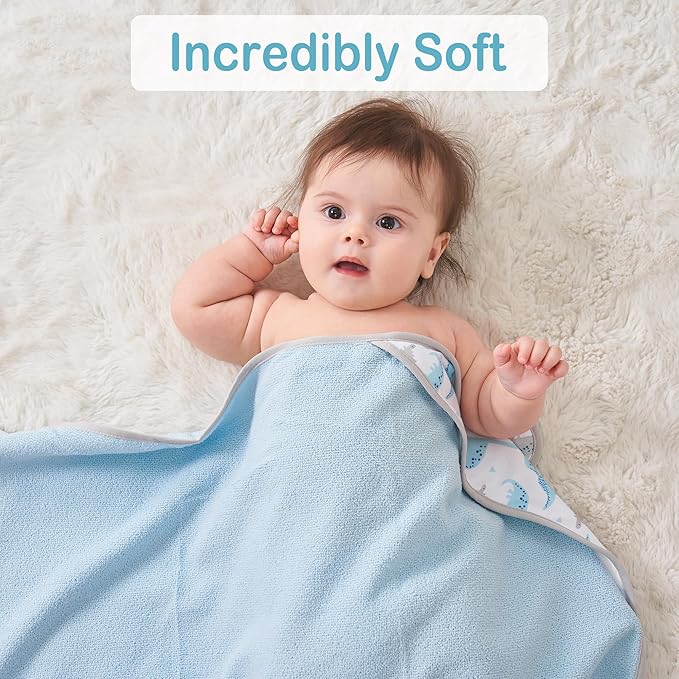 Viviland Baby Towels and Baby Wash Cloths Set Hooded Baby Towels Baby Wipes Absorbent Bath Face Towels Burp Cloths or Face Towels for Girl Boy 6-Pack Size 28 x 28 Inch(Dinosaur)