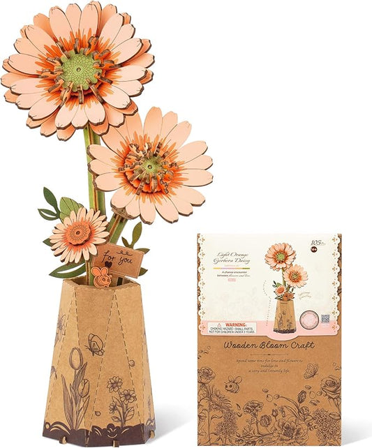 3D Flower Wooden Puzzles for Adults-Gerbera Daisy, DIY Wooden Flowers Model Kit Building Set Crafts for Adults to Build, Botanical Collection/Ideal Creative Gift Ideas/Housewarming (105PCS)