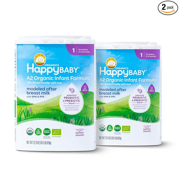 Happy Baby Organics Stage 1 A2 Infant Formula, 0 12 Months, Milk Based Organic Baby Formula Powder with A2 Milk, Probiotics & Prebiotics for Immune & Digestive Support, 22.9 Ounce (Pack of 2)