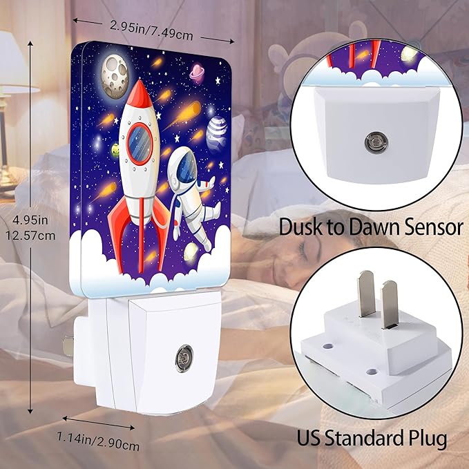 Universe Astronaut Rocket Galaxy Night Light, Dusk to Dawn Smart Sensor Nightlight for Bedroom Bathroom Kitchen Hallway Stairs Hallway, Plug-in, Energy Efficient Decor Desk Lamp Gifts