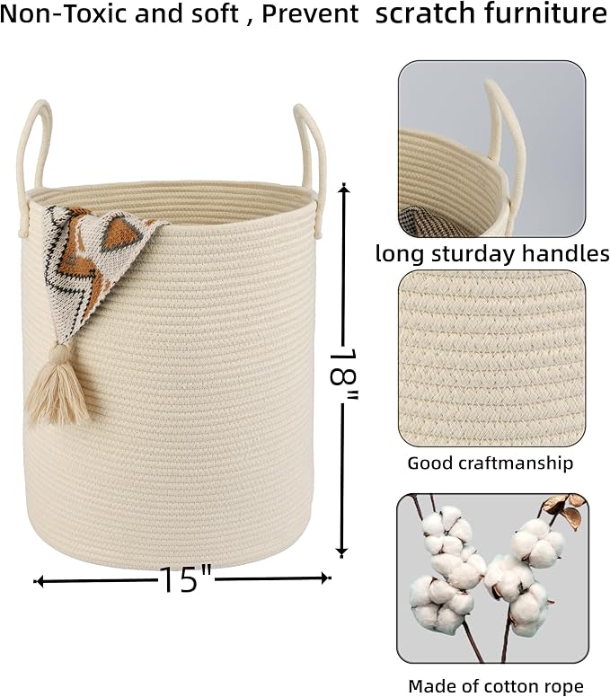Cotton Rope Laundry Basket Hamper for Clothes Woven Storage Basket for Living Room Bedroom Boho Tall Rope Baskets for Blanket Toys Pillow Towels Baby Nursery Hamper Bin beige