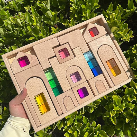 31PCS Wooden Castle Arch Building Blocks Set with Colorful Acrylic Inserts, Educational Construction Toy for Toddlers (31PCS Colorful House)