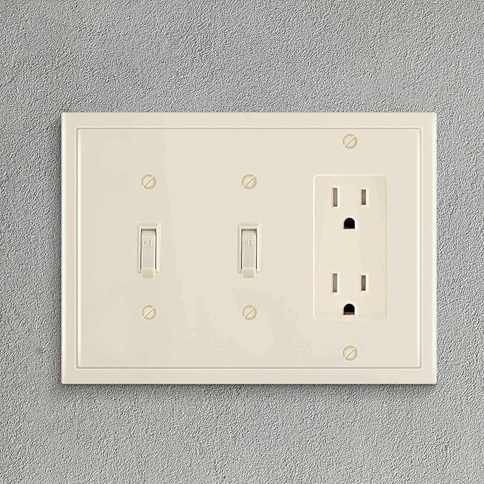 Henne Bery Modern Edge Decorative Wall Plate Switch Plate Outlet Cover, Durable Solid Zinc Alloy (Double Toggle/Single Decorator, Light Almond)