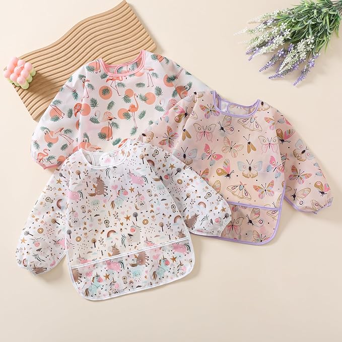 Sleeved Bib,5 Pack,Waterproof Shirt Bibs for Baby 3-24 Months Wipe Clean