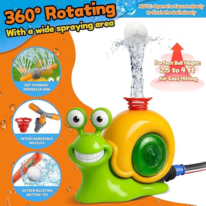 Water Sprinkler Baseball Toy for Kids Outdoor Play, 2 in 1 Snail Sprinkler with Bat and Balls, Backyard Lawn Pool Summer Game for Boys Girls Ages 4-8