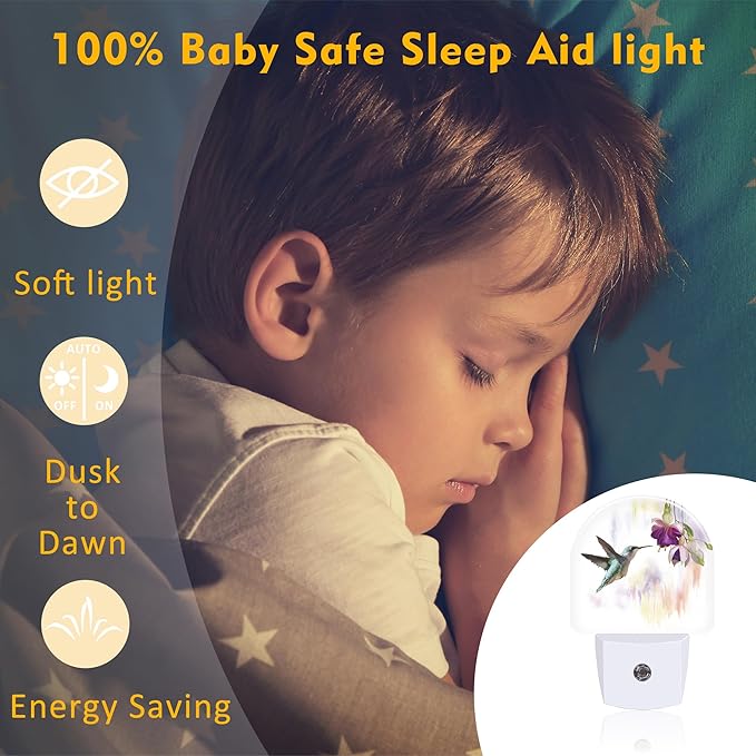 Hummingbird Flowers Night Light for Kids,Groovy Cute Bird Floral Night Light Plug in with Dusk to Dawn Sensor,0.5w Energy Saving Sleep Friendly Nightlight for Hallway Stairway Kitchen Bedroom
