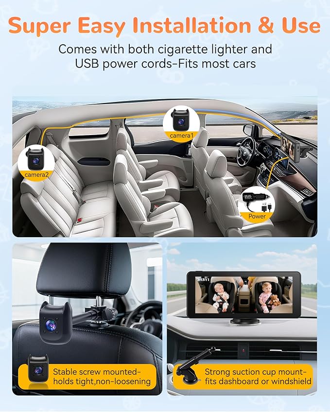 Dual Car Camera Baby Monitor with 6.9" Split Screen-1080P HD Carseat Camera for 2 kids with 360° Full Rotation-Night Vision, Auto-detail Enhancement, 2 Power Ways, Easy Install, for Twins & Siblings