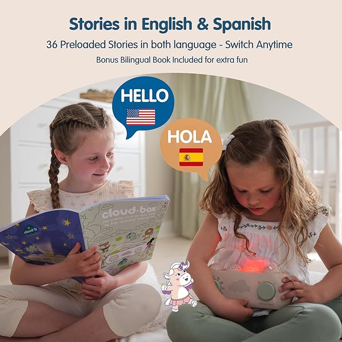 Cloudb Cloudbox Dreambox Storytime Audio Story Books Toy Gift for Toddlers Kids Girls Boys | English/Spanish Voice Record Storyteller | 36 Stories, 8 Melodies, Star Projector Night Light White Noise