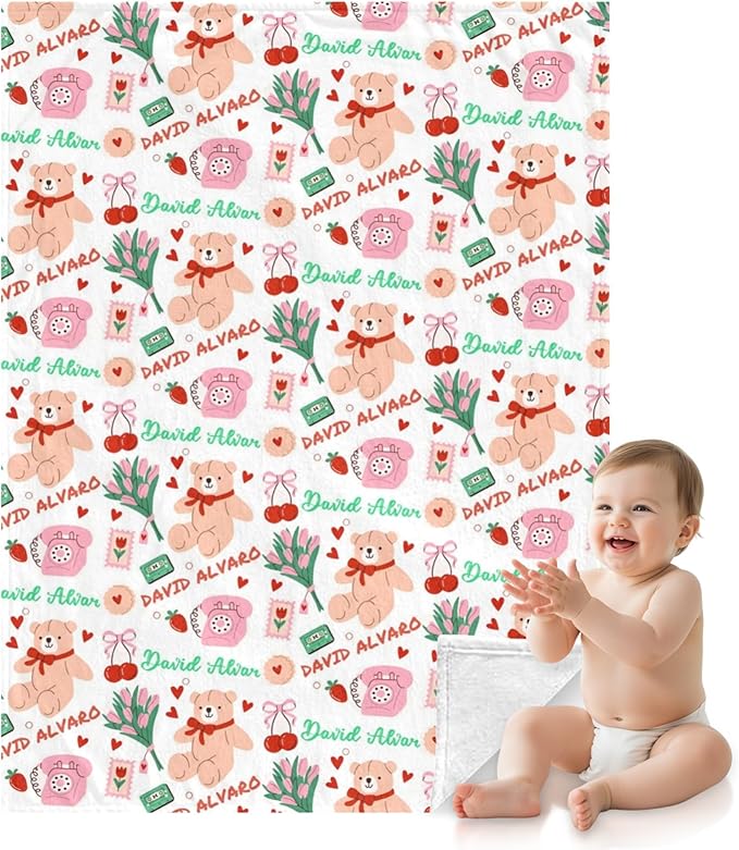 Ship Next Day, Personalized Baby Blanket for Boys Girls - Printed in USA, Custom Name Toddler Blanket with Care Bear Pattern, Perfect Newborn Gift