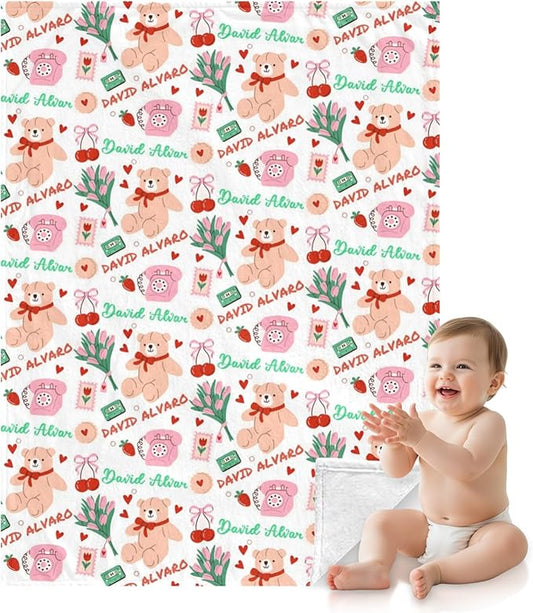 Ship Next Day, Personalized Baby Blanket for Boys Girls - Printed in USA, Custom Name Toddler Blanket with Care Bear Pattern, Perfect Newborn Gift