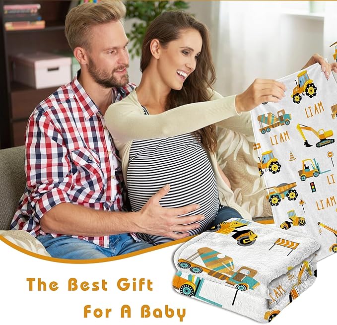 Personalized Truck Excavator Blanket with Name Cutsom Blanket for Baby Boy Car Lover Toddler Kids Customized Gifts for Baby Shower Christmas Birthday Newborn Gifts