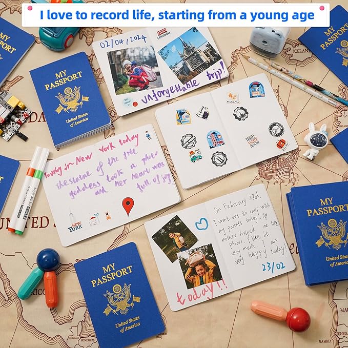100 Pcs Blank Passport Notebook Blue Passport Book Fake Passport Travel Journal Sticker Collection Book for Kids School Projects World Travel Pretend Activity Party Favors, 5.51x3.9 Inch