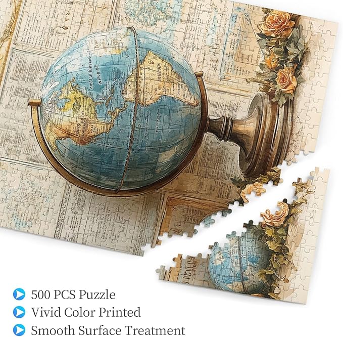 Elegant Globe Puzzle，World Map Inside, Vintage Backdrop, and Rose Detailing，500 Piece Adults Wooden Jigsaw Puzzle，Puzzles Suitable for Entertaining with Family During Holidays