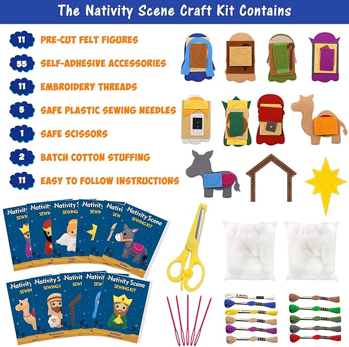 CiyvoLyeen Nativity Scene Craft Kit Christmas Ornaments DIY Kids Craft and Sew Kits for Girls and Boys Educational Beginners Sewing Set