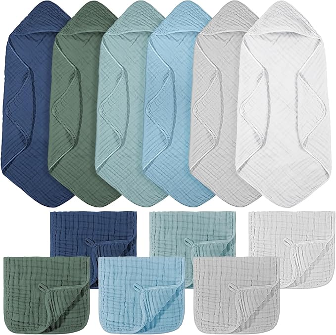 VitalCozy 12 Pcs Baby Muslin Hooded Bath Towels and Washcloths, 32 x 32 Inch Muslin Cotton Hooded Baby Towels Absorbent Hooded Blankets for Gift Newborn Infant Shower (Green Blue Gray)