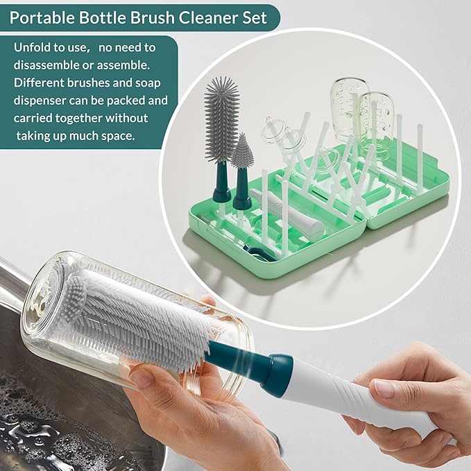Portable Baby Bottle Brush Set with Multiple Brushes,Soap Dispenser, Foldable Bottle Drying Rack for 16 Bottles, Bottle Cleaner Brush Set for Bottles and Baby Accessories, Baby Travel Essential