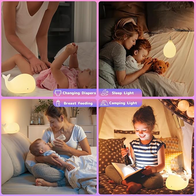 Silicone Night Light for Kids – Rechargeable Tap Control Lamp with 8 Colors, Cute Animal Design for Nursery, Toddler Room Decor, Gifts for Girls and Boys (Whale)