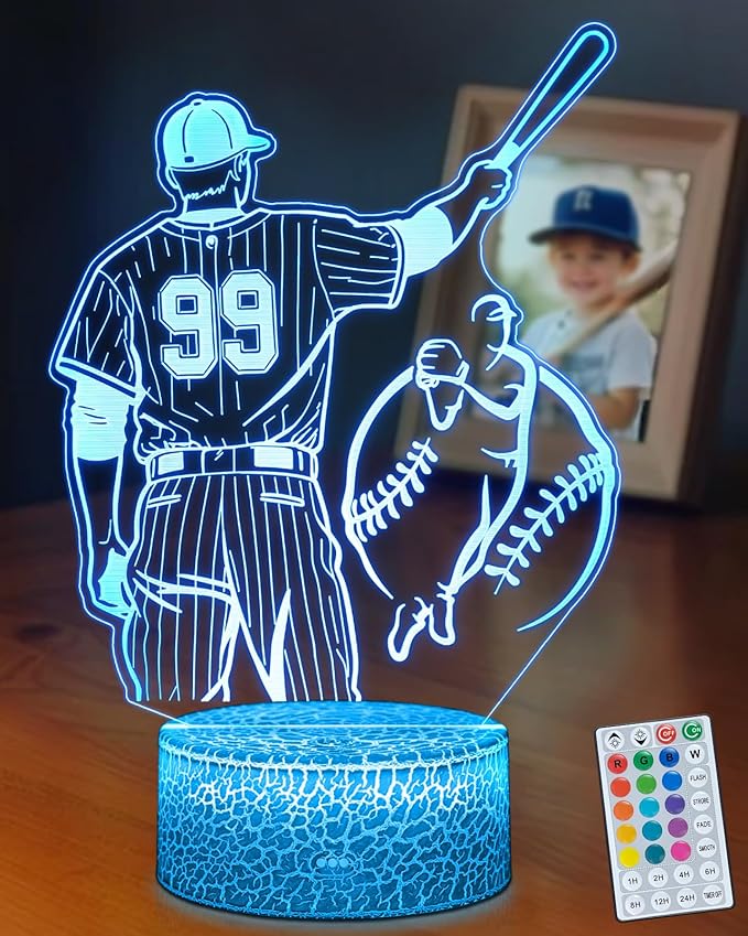 Baseball Gifts for Boys, 16 Colors Baseball Night Light - Remote Control, Timer Tpye-C Dimmable Lamp, LED 3D Light Illusion, Glow Room Decor