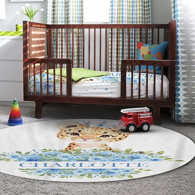 Personalized Nursery Crib Bedding Set: Custom Name Blue Floral 5 Piece Baby Crib Sets with Leopard Theme - Toddler Double Layer Blanket Set, Comfortable Crib Bed Sheets for Baby Grils