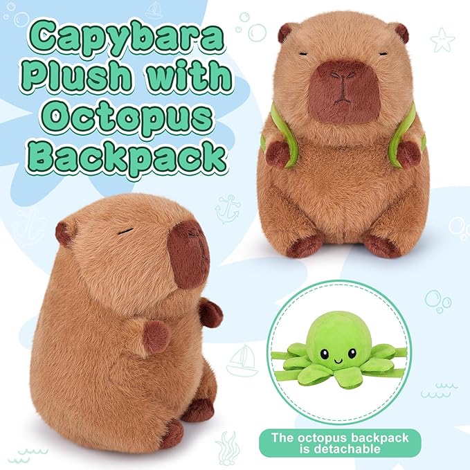 Achwishap Capybara Plush,Capybara Stuffed Animal Cute Plushies,Capybara Plush Toys,Kawaii Plushie Stuffed Toy with Octopus Backpack Plushies Gifts for Kids Adults(Capybara with Octopus Backpack,9.1”)