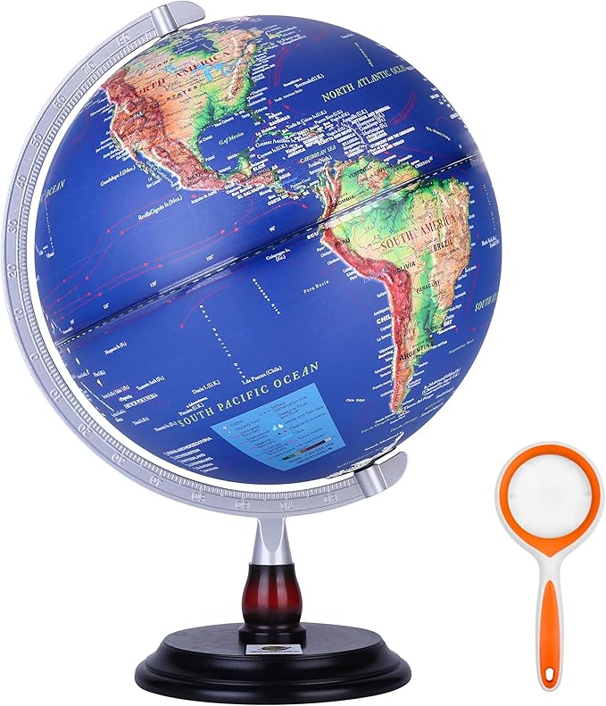 12” Raised Relief World Globe with LED Light, Desk Globe with Wood Base & Metal Meridian,Educational Geography Tool for Students, Teachers & Office Decor(Blue, 12 Inch)