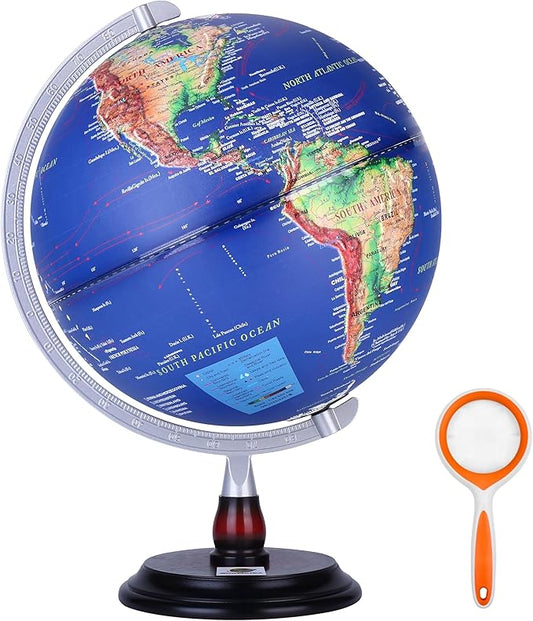 12” Raised Relief World Globe with LED Light, Desk Globe with Wood Base & Metal Meridian,Educational Geography Tool for Students, Teachers & Office Decor(Blue, 12 Inch)