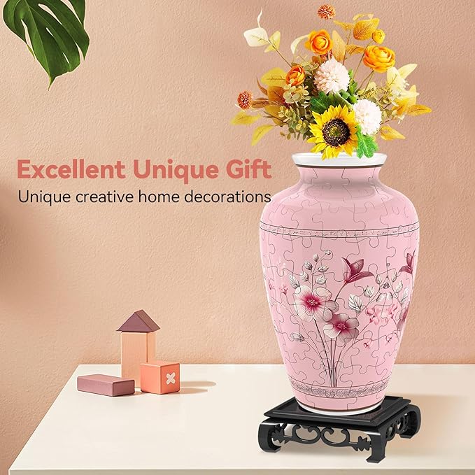 3D Puzzles Vase for Adults, Crafts for Adults, 120 Pieces Plastic DIY Unique Flower Vase with LED Light House Warming Gift Birthday Gifts for Flower Arrangements and Home Decor (Pink)