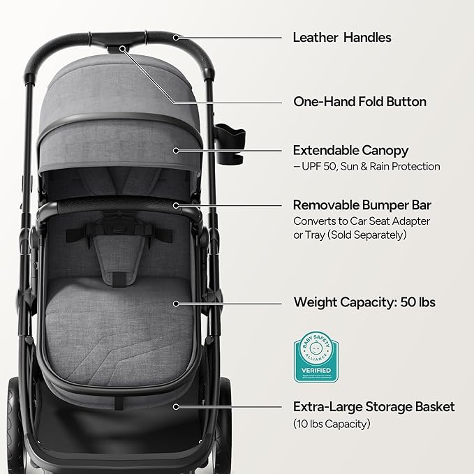 Mompush Wiz 2 in 1 Baby Stroller with Bassinet Mode, Convertible Infant Stroller for Newborn and Toddler with Reversible Seat and Large UPF 50+ Canopy