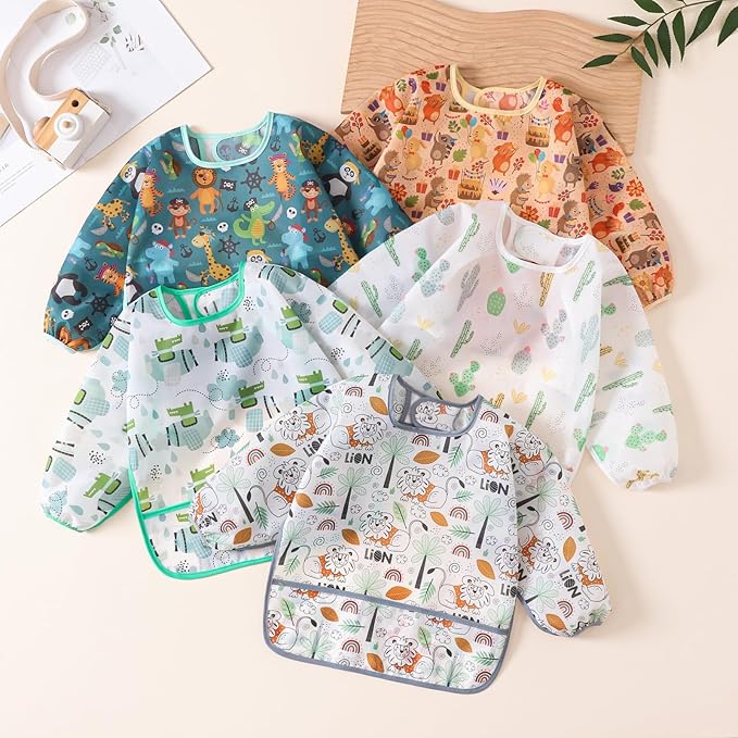 5 Pcs Long Sleeved Baby Toddler Bibs Waterproof Sleeved Bib 3-24 Months