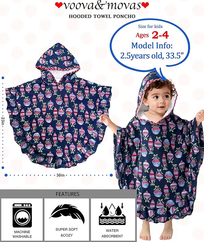 VOOVA & MOVAS Hooded Towel Poncho for Toddler with Ruffle Trim | Soft 100% Cotton | Absorbent Thick Towel for Bath, Swim, Beach & Winter | Cozy, Christmas Lamp