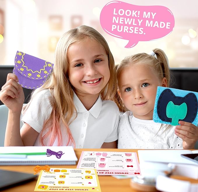 IROLEHOME 6 Pcs Soft Felt Sewing Kit for Kids, Purses DIY Arts & Craft Kit for Beginners, Sew Your Own Handbag Projects Gifts for Girls Boys Fine Motor Travel Toys