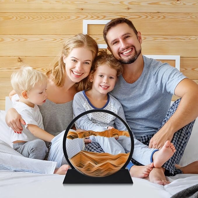 Moving Sand Art Liquid Motion, 3D Deep Sea Sandscape Color Quicksand Decor, Round Glass Moving Sand Art Picture Relaxing Desktop Home Office Work Decor (Orange, 12 inch)