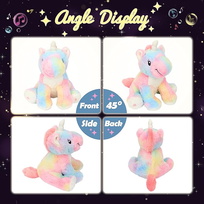Hopearl LED Musical Stuffed Unicorn Colorful Lighting Up Singing Plush Toy Adjustable Volume Lullaby Animated Soothe Birthday Gifts for Kids Toddler Girls, Rainbow, 12''