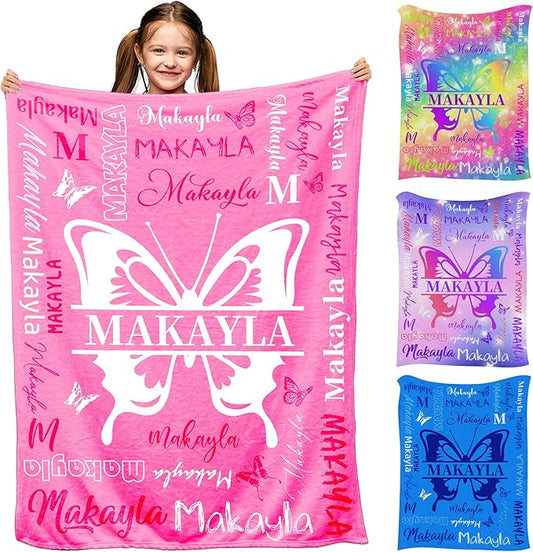 Personalized Name Blanket for Girls Boys Butterfly Blanket with Babys Name for Infant Toddler Custom Newborn Swaddle Blankets for Baby Showers Strollers Blanket for Kids Niece Nephew