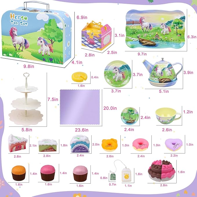 Tea Party Set for Little Girls,50PCS Princess Horse Tea Time Toy Including Food Sweet Treats Playsets,Teapot Tray Cake,Tablecloth & Carrying Case,Kids Kitchen Pretend Play for Girls Boys Age 3 4 5 6