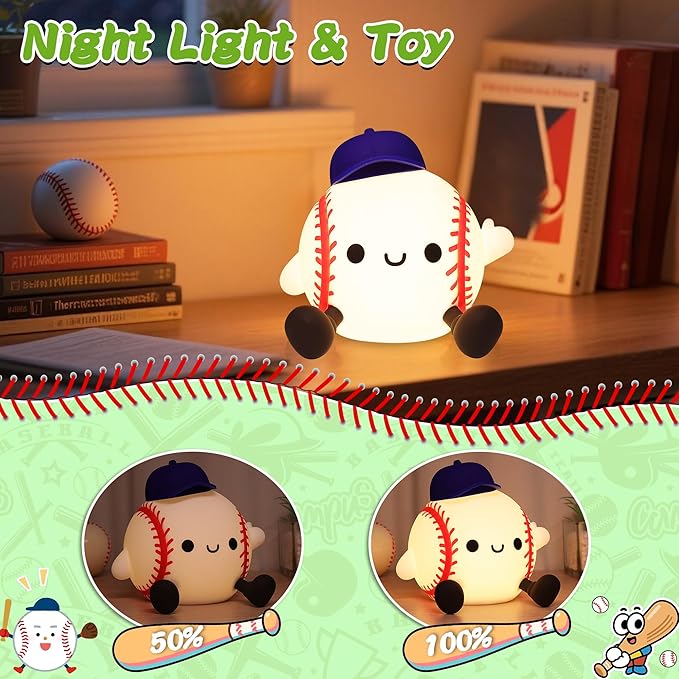 Baseball Night Light, Dimmable Silicone Touch Lamp with USB Rechargeable Soft Glow Bedside Lamp for Boys Bedroom Decor, Baseball Gifts for Boys Sport Fans Birthday Xmas
