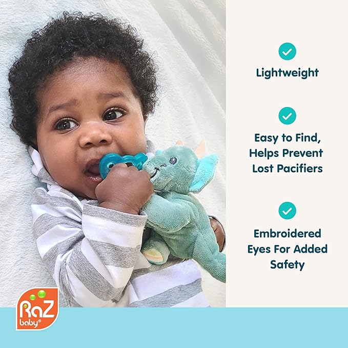 RaZbaby JollyPop Pacifier, Holder w/Detachable Baby Pacifier, Stuffed Animal RaZbuddy, All Ages 0M+, 100% Medical Grade USA Made Silicone, Machine Washable, Textured & Easy to Hold – Dragon