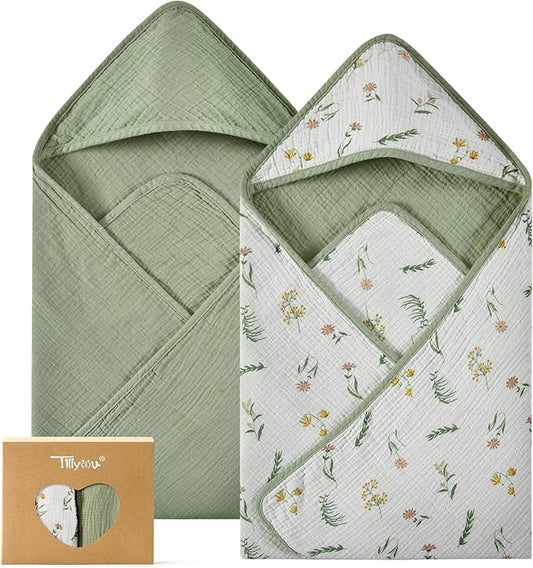 TILLYOU Muslin Hooded Baby Towels for Newborn 2 Pack, 32x32Inch Soft Baby Bath Towel Highly Absorbent for Newborn and Infant, Essential for Newborn Care, Daisy