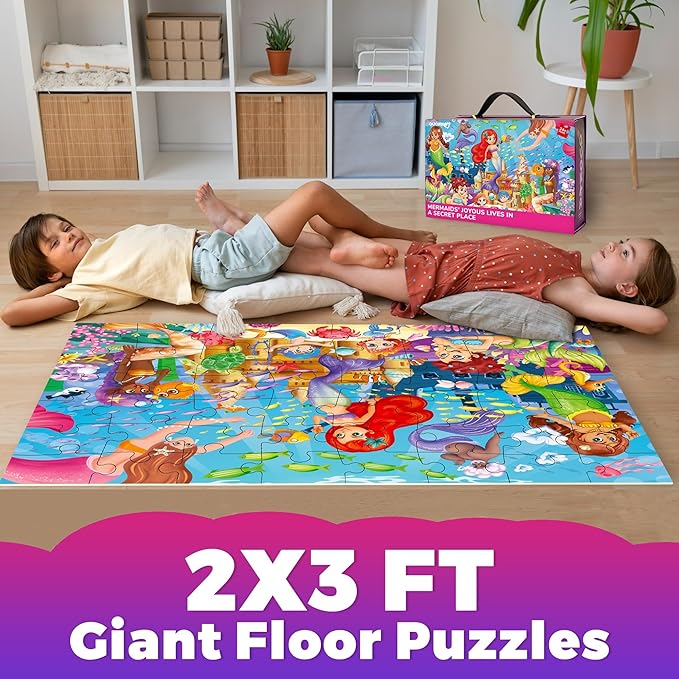 QUOKKA Giant Floor Puzzles for Kids Ages 4-6 - 2x3 Feet Extra-Thick 48 Pieces Toddler Puzzle Ages 3-5 – Mermaid Educational Activity for Boys Girls – Premium Box with Sturdy Handle & Magnetic Closure