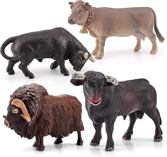 LC JoyCre Bulls Toys Cows Figurines 4PCS Realistic Big Swiss Cow Figures Toys for Toddlers African Bull Musk Ox Cow Figures for Kids Birthday 3 4 5 6 Year Old