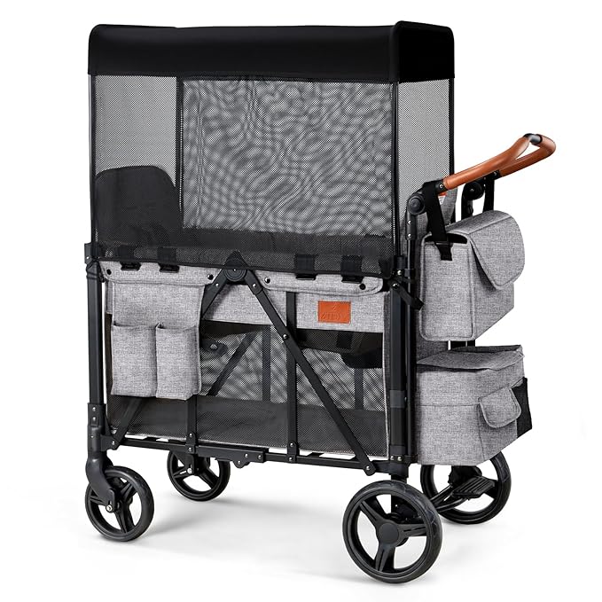 Wagon Stroller for 2 Kids, High Seat & 5 Point Harness, Foldable All-Terrain Wagon for Toddler with Canopy, Parent Organizer, Shoulder Bag, Adjustable Handlebar, Ultimate Double (Gray)