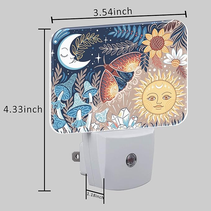 Boho Moth Mushroom Night Light for Kids, Sun and Moon With Faces LED Night Light Plug into Wall with Dusk to Dawn Sensor for Girls Boys Women Men Room, Hallway, Kitchen, Bathroom, Stairs Decor