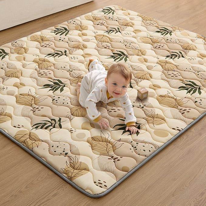 Blissful Diary Baby Play Mats for Floor, 71x59 Inch Extra Thicker & Large Soft Cushioning Foam Playmats for Babies and Toddlers, Foldable Washable Baby Crawling Mat for Playpen, Earth Tones Design
