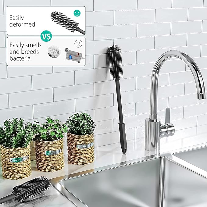 Long Silicone Bottle Cleaning Brush | 2 Pack| 16”+13”Water Bottle Brush Cleaner Brush for Hydro Flask,Glassware,Vacuum Sports Bottle&Vases,Silicone Water Bottle Cleaner Brush for Narrow Neck